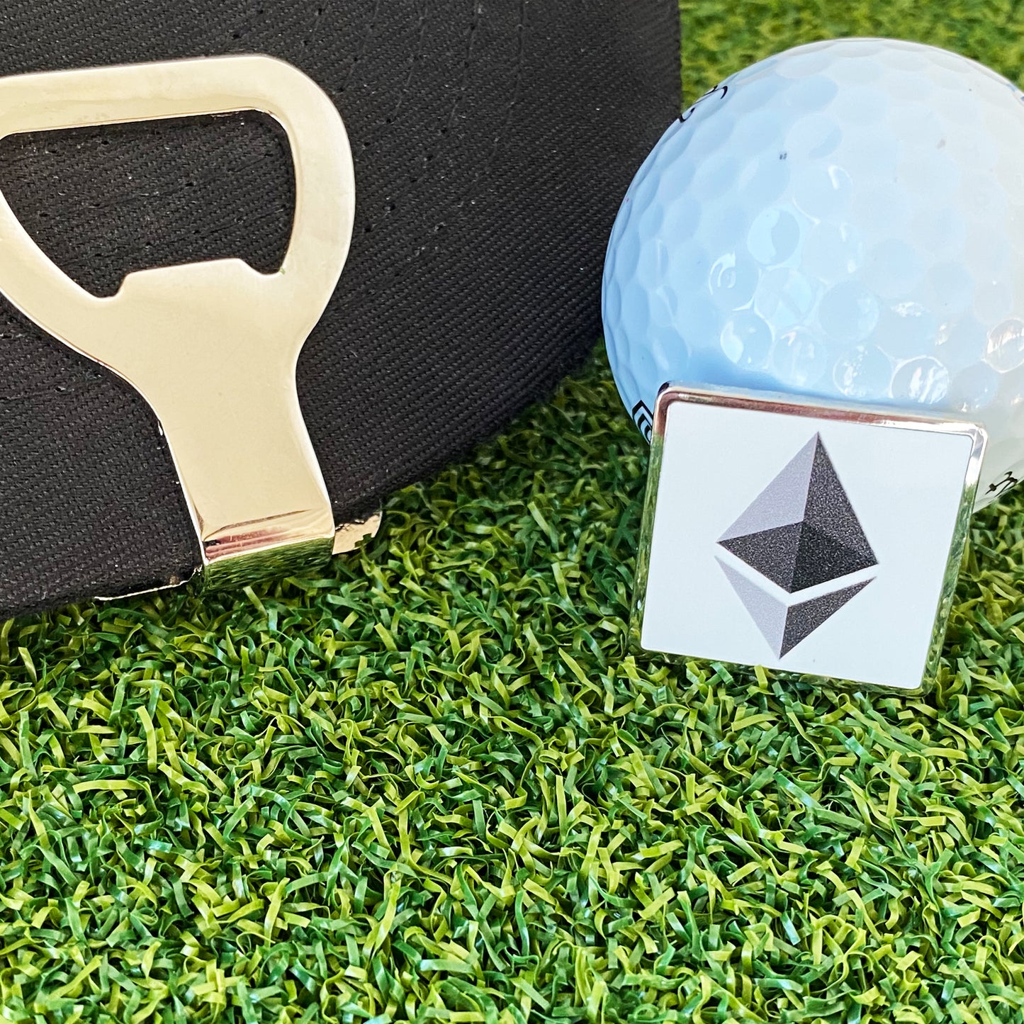 Ethereum Ball Marker Hat Clip Bottle Opener – Square Ball Marker for Golfers, Shotgun Tool & Stylish Crypto Gift