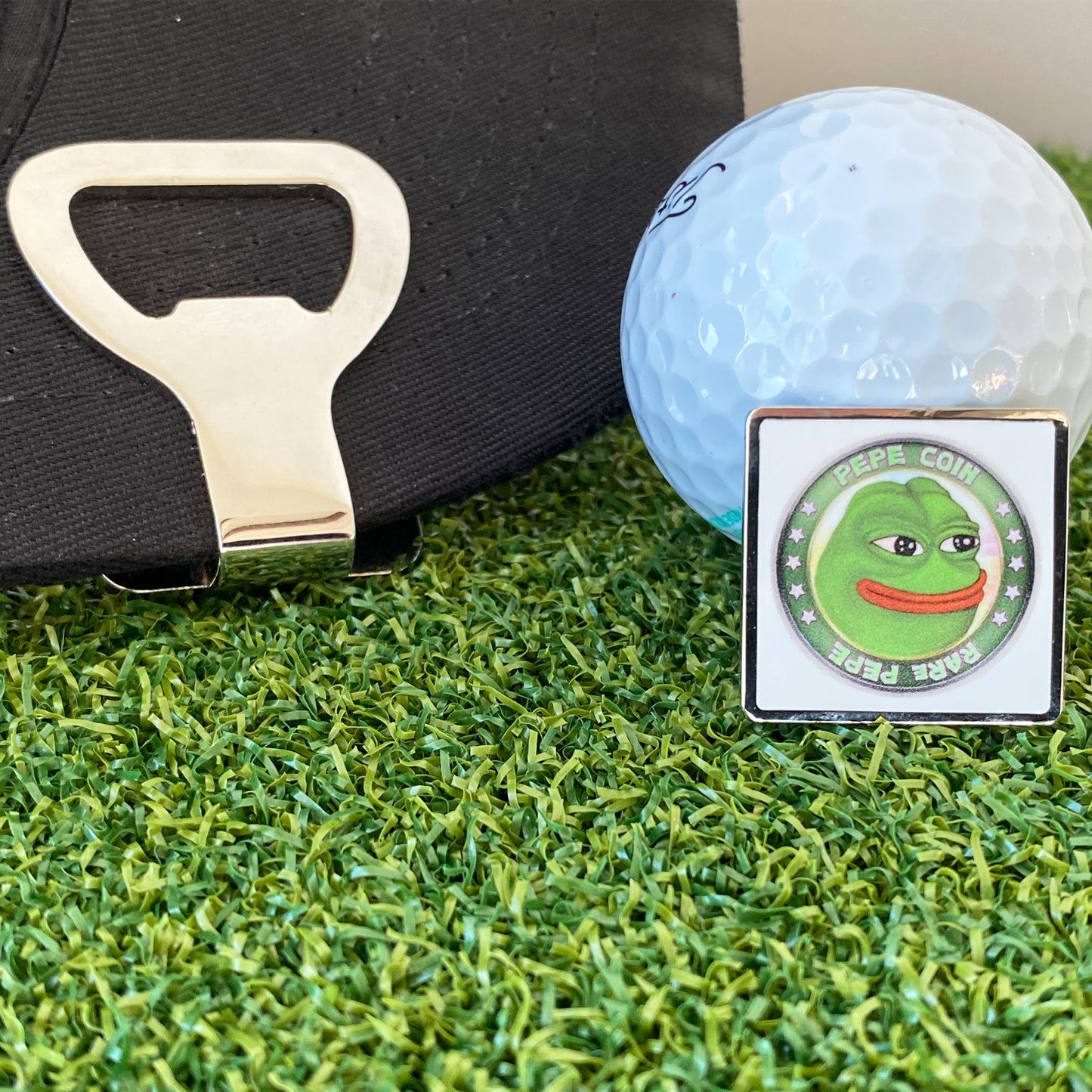 Pepe Coin Hat Clip Bottle Opener with Ball Marker – Meme Marker for Golfers, Beer Shotgun Tool & Dank Gift